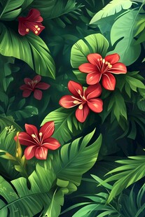 热带红花绿叶繁茂景象
