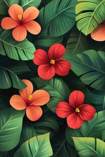 热带花卉与绿叶的绚丽图案
