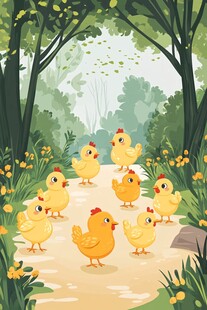 小鸡漫步在森林小径