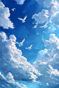 蓝天翱翔的海鸥与云朵