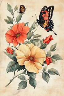 花卉蝴蝶插画艺术作品