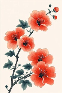 中式水墨风艳丽盛开花朵图
