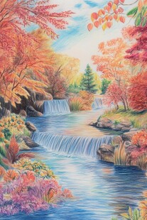秋日溪边瀑布绚烂景致
