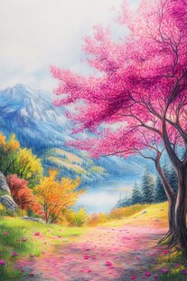 春日繁花山间小径美景
