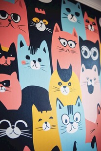 多彩卡通猫咪图案墙纸