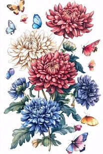 多彩菊花与蝴蝶插画