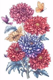 多彩菊花与蝶的唯美插画
