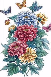 多彩菊花与飞舞蝴蝶插画