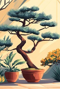 盆栽景观中的优雅松树