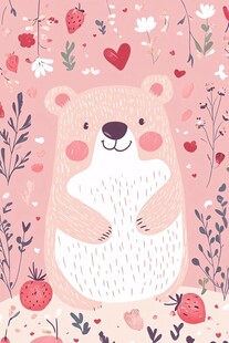 可爱小熊置身花草草莓间