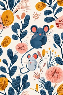 鼠与花卉的可爱插画图案