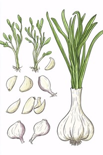 手绘大蒜植株及蒜瓣展示