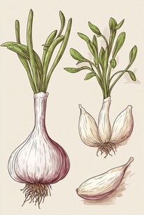 手绘大蒜及其蒜苗蒜瓣图