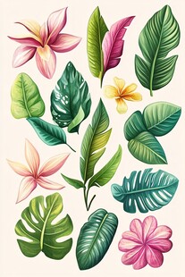 热带花卉与叶片插画素材