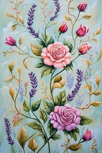 手绘花卉图案 玫瑰与薰衣草