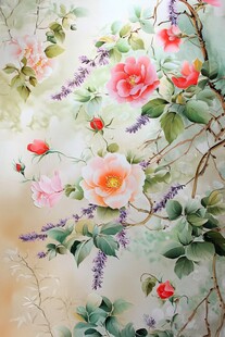 花卉手绘插画 柔美月季与紫花