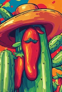 戴帽辣椒与仙人掌的趣味画