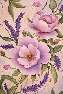 淡紫花卉绘 牡丹与薰衣草