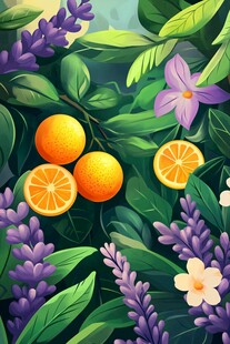 柑橘与薰衣草的清新插画