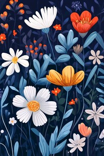深蓝色背景上的多彩花卉图案