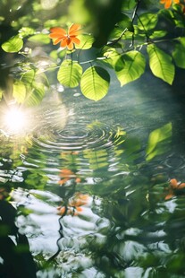阳光绿叶映水间的花朵