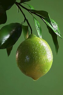 挂在枝头的新鲜青柠檬