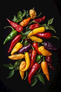 多彩辣椒与绿叶的视觉盛宴