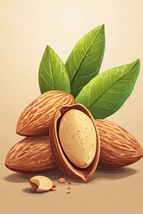 堆叠的美味杏仁与绿叶