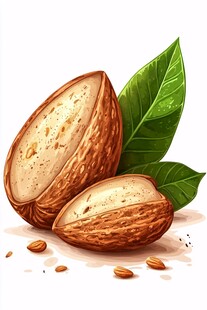 剥开的杏仁与绿叶