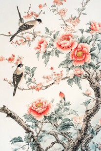 花鸟图 牡丹枝头双鸟栖
