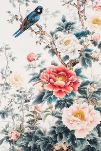花鸟国画 牡丹枝头栖鸟图