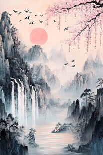 水墨山水间的落日飞鸟景