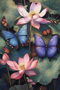 荷间蝶舞 梦幻花卉昆虫图景