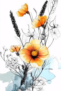手绘橙色花卉植物插画