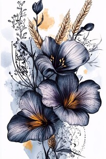 蓝紫色花卉水彩插画