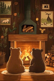 两只小熊温馨围坐壁炉旁