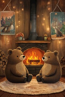 温馨壁炉前的双熊惬意时光