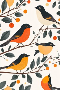 枝头小鸟与果实的插画