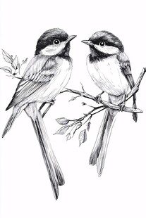 枝头双鸟黑白素描图