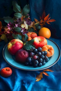 蓝盘上的多彩水果与花卉