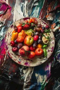 多彩果盘摆于斑斓背景