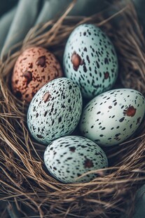 鸟巢中的多彩斑点鹌鹑蛋