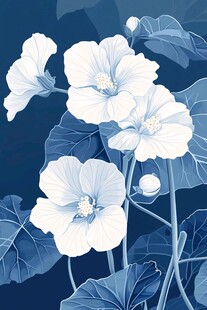 蓝底白花植物插画