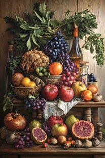 静物 多彩鲜果与绿植的组合