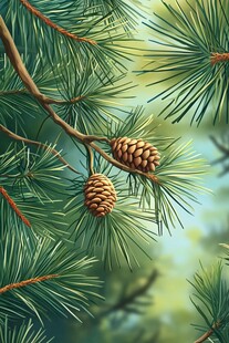 松枝上的松果特写