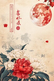 中秋月夜牡丹盛放图