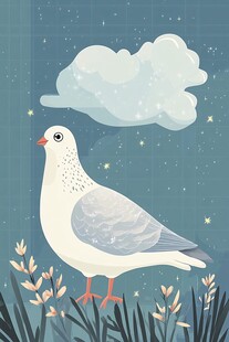 夜空下的白鸽与花草