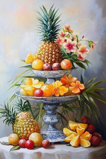 三层果盘上的缤纷水果花卉