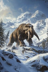 雪地中猛犸象与探险者
