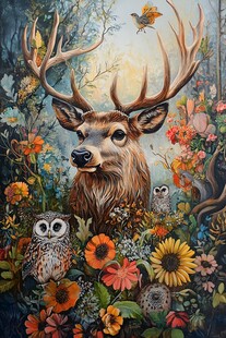 森林中的鹿与萌趣猫头鹰